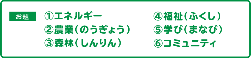 お題：①エネルギー、②農業（のうぎょう）、③森林（しんりん）、④福祉（ふくし）、⑤学び（まなび）、⑥コミュニティ