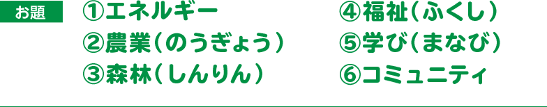 お題：①エネルギー、②農業（のうぎょう）、③森林（しんりん）、④福祉（ふくし）、⑤学び（まなび）、⑥コミュニティ